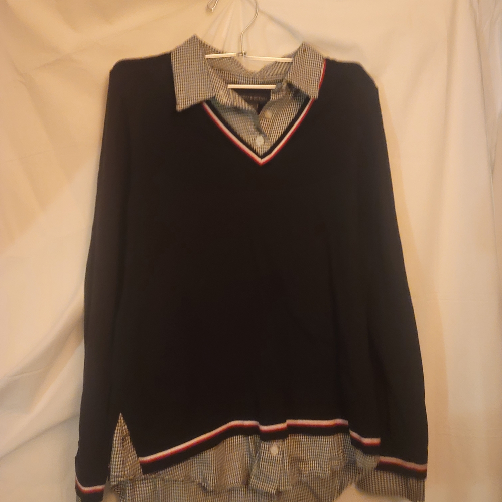 Tommy Hilfiger Black V-Neck Sweater with Red and White Stripe Trim